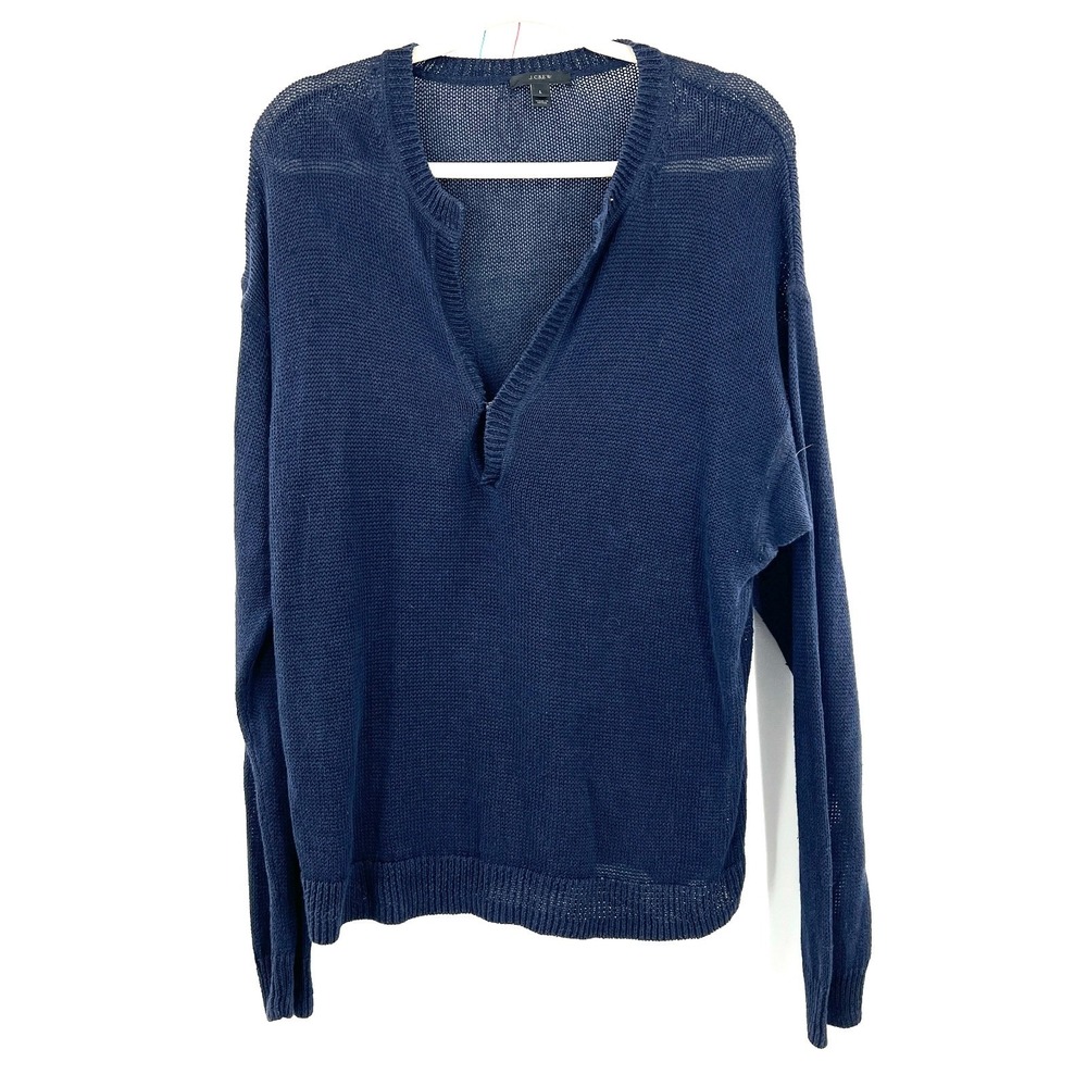 J. Crew linen loose knit navy sweater preppy quiet luxury coastal nautical L